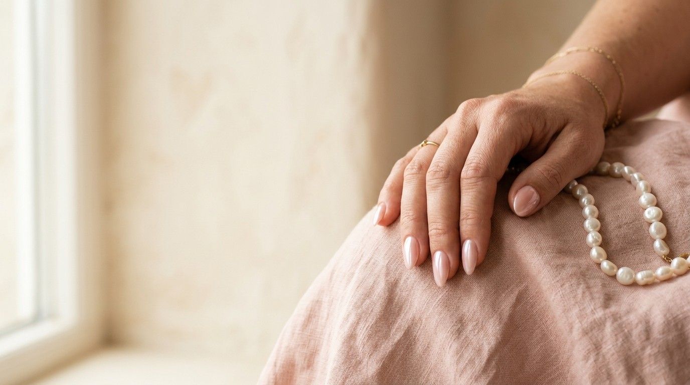 A hand with glossy pearl-pink almond nails resting on blush linen beside a strand of pearls.