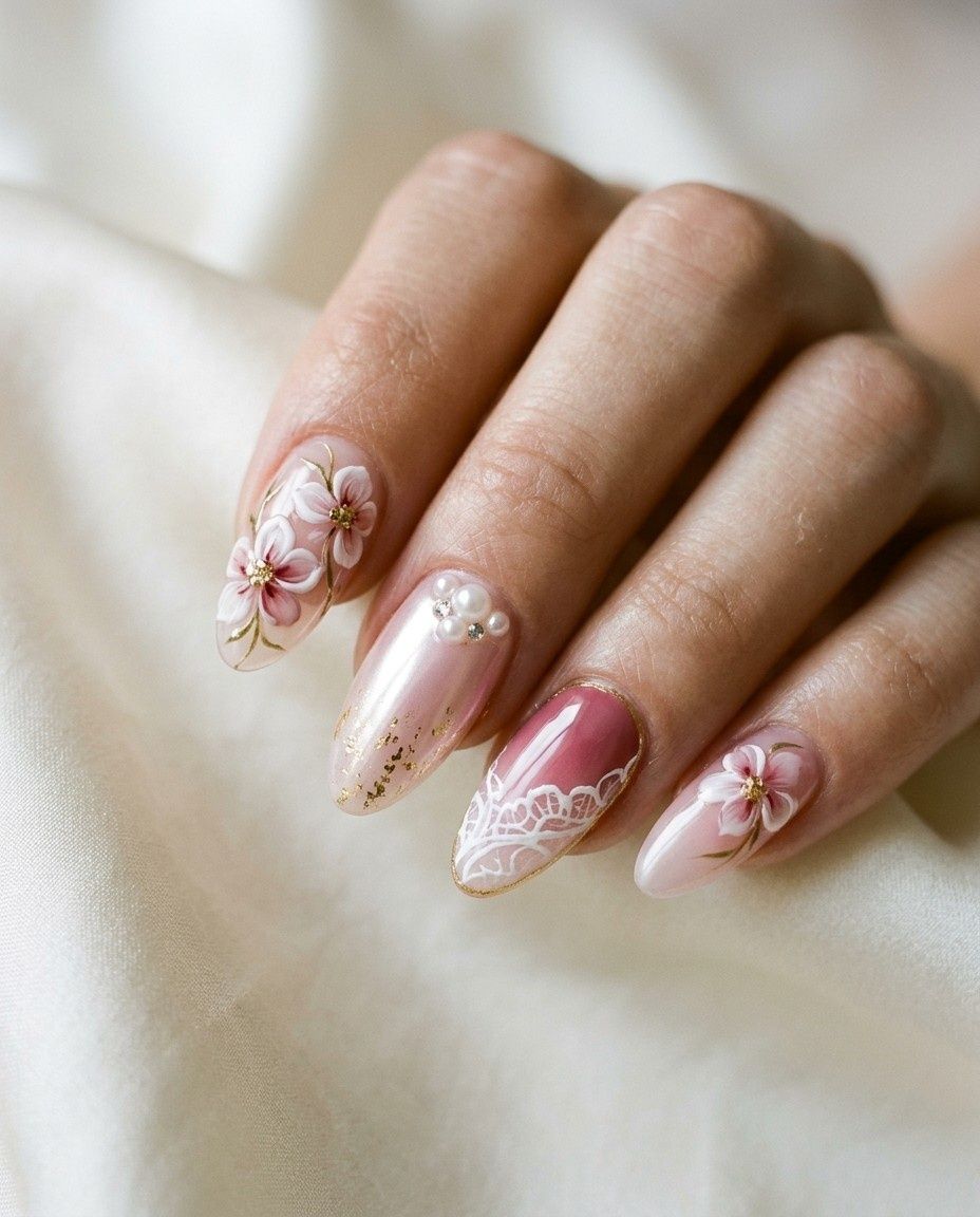 Two hands with sheer pink nails, fine white french tips, a thin gold line and a tiny pearl.