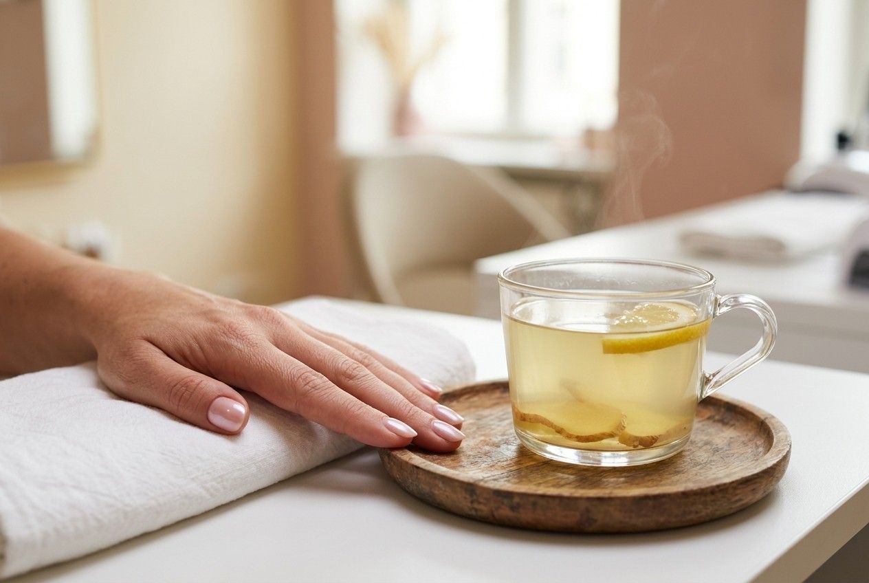 A glass cup of ginger lemon tea on a wooden tray beside a hand with freshly done pearl-pink nails.
